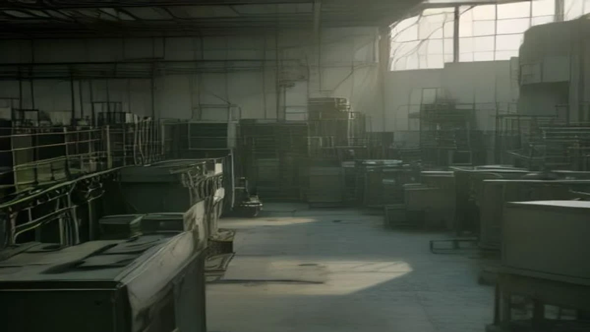 top-down flat lay of a factory production line with machinery and a worker in a hard hat checking output, soft morning light, used as the opening image